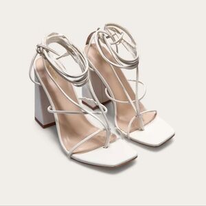 White Toe Detail Lace Up High Block Heeled Sandals